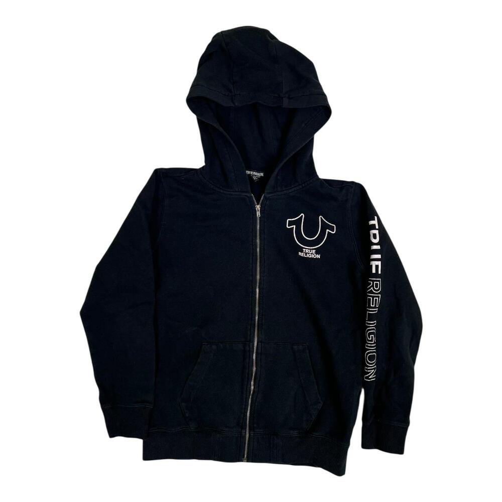 True Religion Hoodie Boys XL Black Full Zip Logo Sleeve Graphic Sweatshirt Y2K